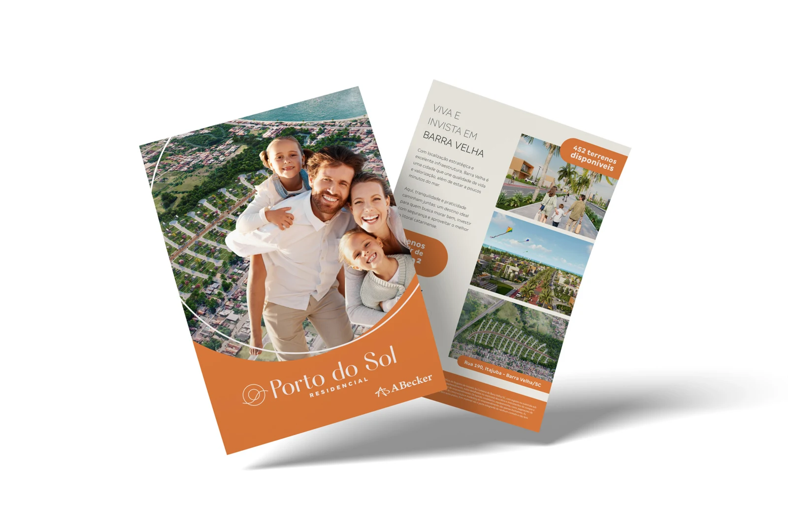 Material original do Porto do Sol com família, vista aérea e marcas parceiras